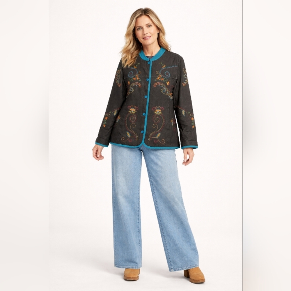 Denim & Co Floral Paisley Embroidered Artisian Inspire Vtg Jean Jacket Lge Boho - Picture 4 of 16